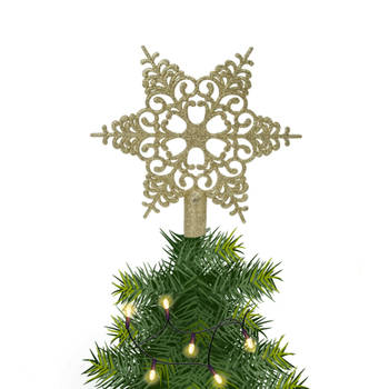 Kerstboom piek open kunststof kerst ster goud met glitters H19 cm - kerstboompieken