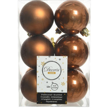 12x stuks kunststof kerstballen kaneel bruin 6 cm glans/mat - Kerstbal
