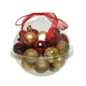 30x stuks kleine kunststof kerstballen rood/donkerrood/goud 3 cm - Kerstbal