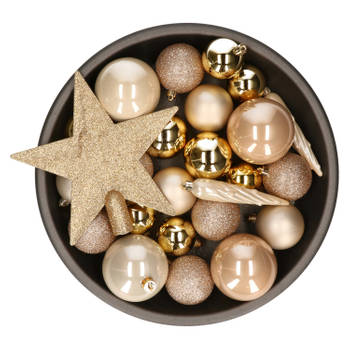 Set van 33x stuks kunststof kerstballen met ster piek goud/champagne/bruin mix - Kerstbal