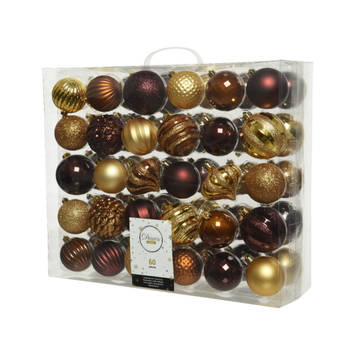 60x stuks kunststof kerstballen goud/bruin/donkerrood mix 6 en 7 cm - Kerstbal