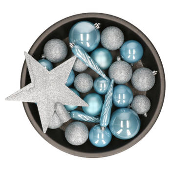 Set van 33x stuks kunststof kerstballen met ster piek lichtblauw mix - Kerstbal