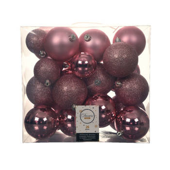 Decoris Kerstballen - 26x st - kunststof - roze - 6-8-10 cm - Kerstbal