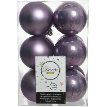 12x stuks kunststof kerstballen heide lila paars 6 cm glans/mat - Kerstbal