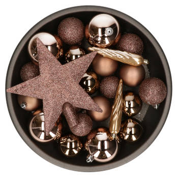 Set van 33x stuks kunststof kerstballen met ster piek walnoot bruin mix - Kerstbal