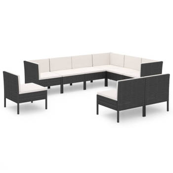 vidaXL 9-delige Loungeset met kussens poly rattan zwart