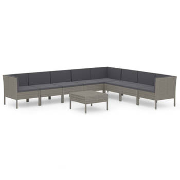 vidaXL 9-delige Loungeset met kussens poly rattan grijs