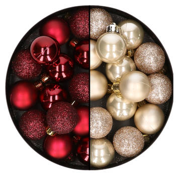 28x stuks kleine kunststof kerstballen donkerrood en champagne 3 cm - Kerstbal