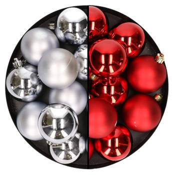 24x stuks kunststof kerstballen mix van zilver en rood 6 cm - Kerstbal
