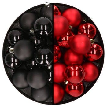 32x stuks kunststof kerstballen mix van zwart en rood 4 cm - Kerstbal