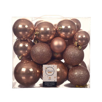26x stuks kunststof kerstballen toffee bruin 6-8-10 cm glans/mat/glitter - Kerstbal