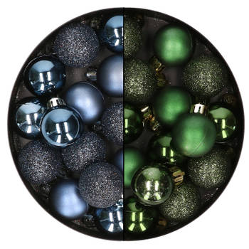 28x stuks kleine kunststof kerstballen donkerblauw en donkergroen 3 cm - Kerstbal