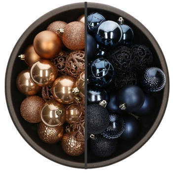 74x stuks kunststof kerstballen mix van donkerblauw en camel bruin 6 cm - Kerstbal