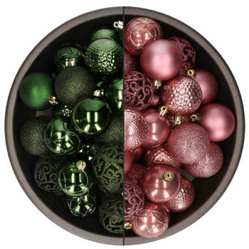 74x stuks kunststof kerstballen mix van velvet roze en donkergroen 6 cm - Kerstbal
