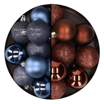 24x stuks kunststof kerstballen mix van donkerblauw en donkerbruin 6 cm - Kerstbal