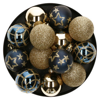15x stuks kerstballen mix goud/blauw gedecoreerd kunststof 5 cm - Kerstbal