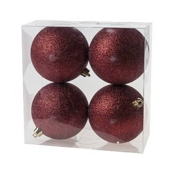 4x Kunststof kerstballen glitter donkerrood 10 cm kerstboom versiering - Kerstbal