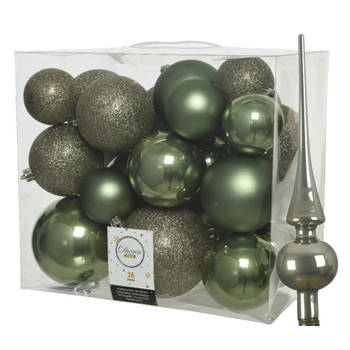 Set van 26x stuks kunststof kerstballen incl. glazen piek glans mosgroen - Kerstbal