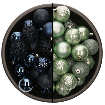 74x stuks kunststof kerstballen mix van donkerblauw en mintgroen 6 cm - Kerstbal