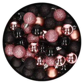 Set van 48x stuks kunststof kerstballen mix zwart en roze 3 cm - Kerstbal