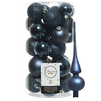 Decoris kerstballen 30x stuks - donkerblauw 4/5/6 cm kunststof mat/glans/glitter mix en piek - Kerstbal