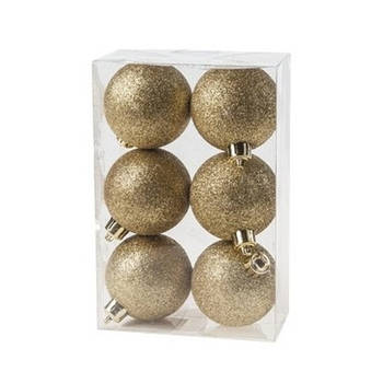 12x Kunststof kerstballen glitter goud 6 cm kerstboom versiering/decoratie - Kerstbal