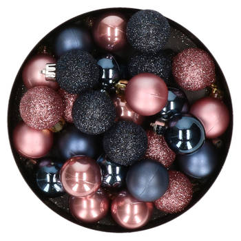 28x stuks kunststof kerstballen donkerblauw en oudroze mix 3 cm - Kerstbal