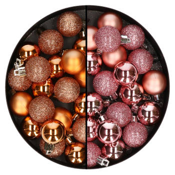 40x stuks kleine kunststof kerstballen koper en roze 3 cm - Kerstbal