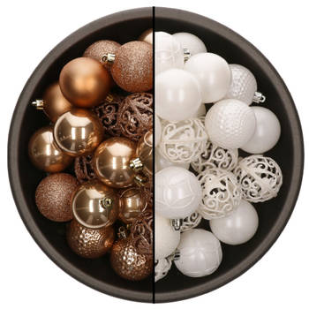 74x stuks kunststof kerstballen mix van camel bruin en wit 6 cm - Kerstbal