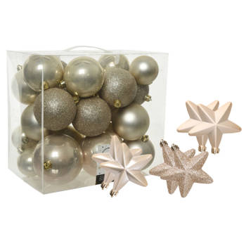 Pakket 32x stuks kunststof kerstballen en sterren ornamenten champagne - Kerstbal