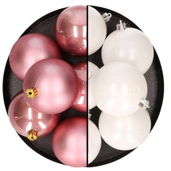 12x stuks kunststof kerstballen 8 cm mix van wit en velvet roze - Kerstbal