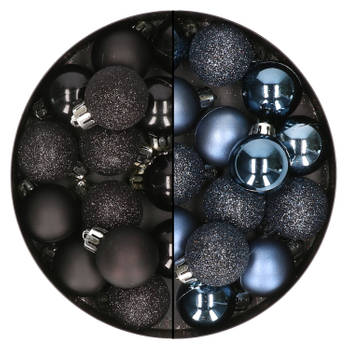28x stuks kleine kunststof kerstballen zwart en nachtblauw 3 cm - Kerstbal