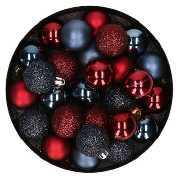 28x stuks kunststof kerstballen donkerrood en donkerblauw mix 3 cm - Kerstbal
