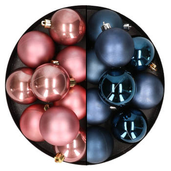 24x stuks kunststof kerstballen mix van donkerblauw en oudroze 6 cm - Kerstbal