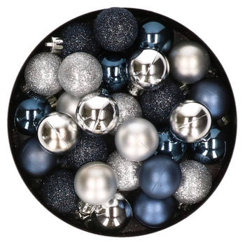 28x stuks kunststof kerstballen zilver en donkerblauw mix 3 cm - Kerstbal
