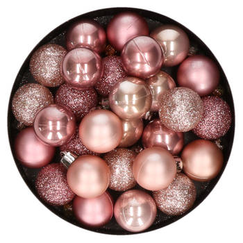 28x stuks kunststof kerstballen lichtroze en oudroze mix 3 cm - Kerstbal