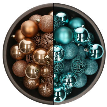 74x stuks kunststof kerstballen mix van camel bruin en turquoise blauw 6 cm - Kerstbal