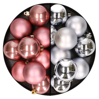24x stuks kunststof kerstballen mix van zilver en oudroze 6 cm - Kerstbal