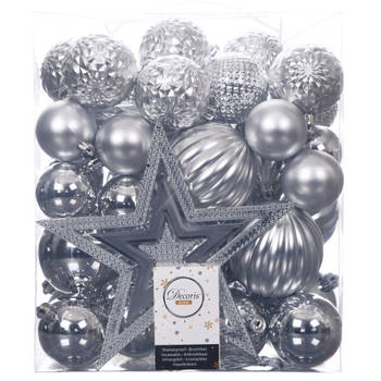 Set van 55x stuks kunststof kerstballen incl. ster piek zilver - Kerstbal