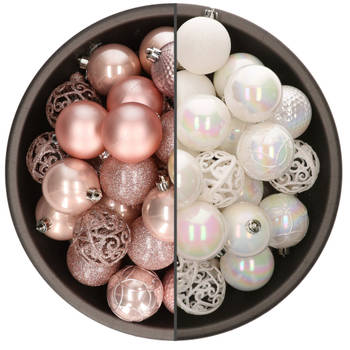 74x stuks kunststof kerstballen mix van lichtroze en parelmoer wit 6 cm - Kerstbal