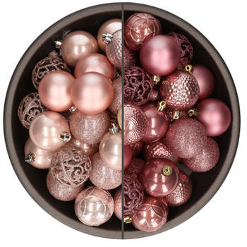 74x stuks kunststof kerstballen mix van velvet roze en lichtroze 6 cm - Kerstbal