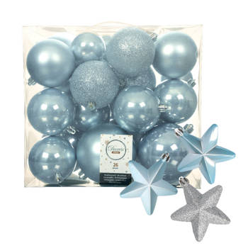 Pakket 32x stuks kunststof kerstballen en sterren ornamenten lichtblauw - Kerstbal