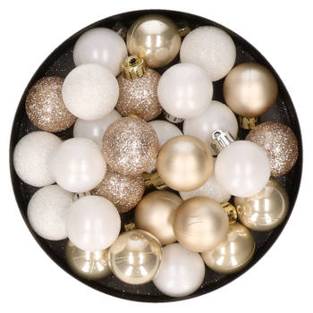 28x stuks kunststof kerstballen parel/champagne en wit mix 3 cm - Kerstbal