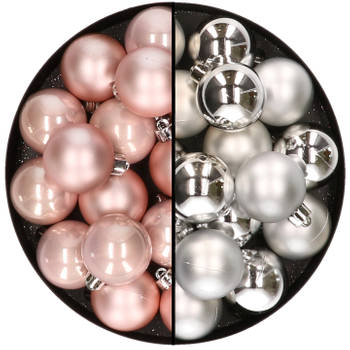 32x stuks kunststof kerstballen mix van lichtroze en zilver 4 cm - Kerstbal