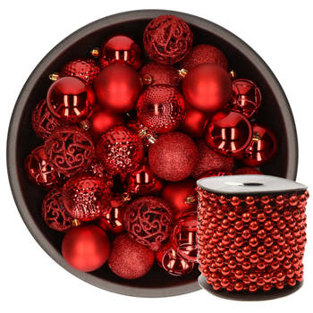 37x stuks kunststof kerstballen 6 cm inclusief kralenslinger rood - Kerstbal