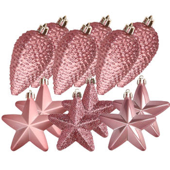 Dennenappels en sterren kerstornamenten - 12 stuks - kunststof - oudroze - Kersthangers