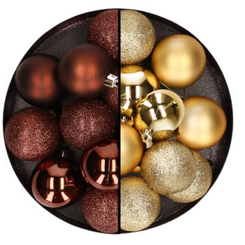24x stuks kunststof kerstballen mix van donkerbruin en goud 6 cm - Kerstbal