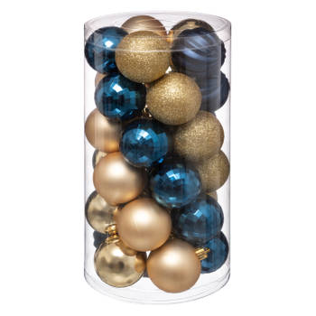 30x stuks kerstballen mix blauw/champagne glans en mat kunststof 6 cm - Kerstbal