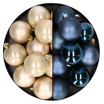 24x stuks kunststof kerstballen mix van donkerblauw en champagne 6 cm - Kerstbal