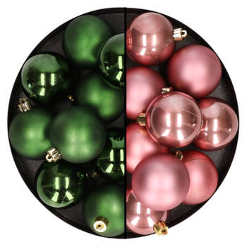 24x stuks kunststof kerstballen mix van oudroze en donkergroen 6 cm - Kerstbal